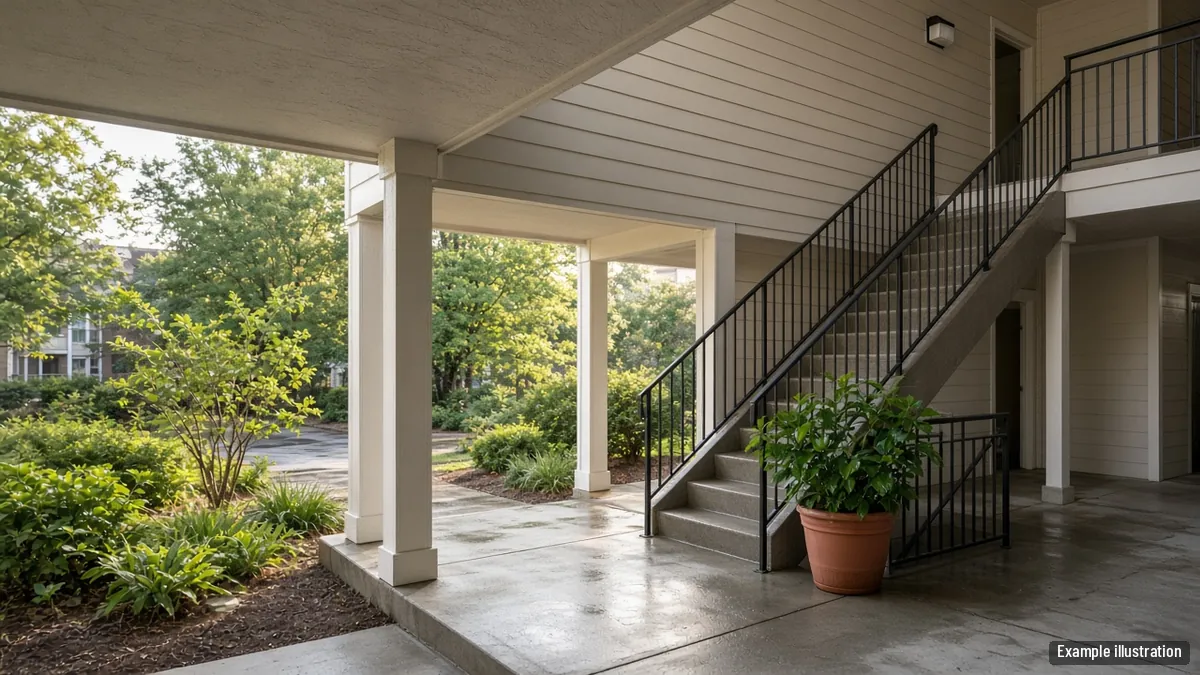 Clean apartment breezeway and stair landing at a garden-style complex