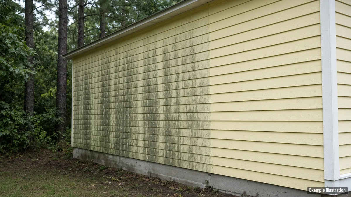 Before-and-after line on the vinyl siding of a single-story home showing green algae removed