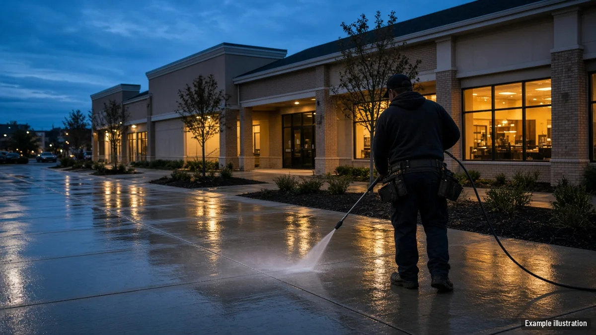 Night-time pressure washing of a storefront sidewalk in a small strip shopping center