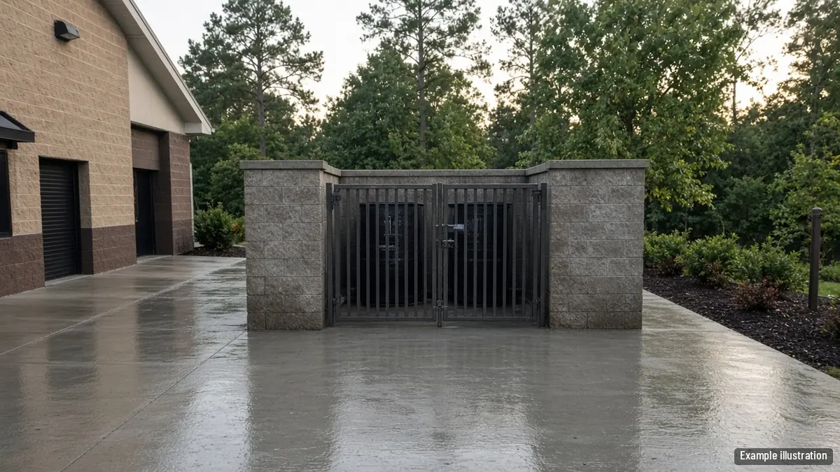 Clean concrete dumpster pad and enclosure behind an unbranded restaurant