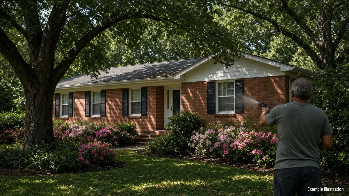 Red brick ranch home with white trim being rinsed under large oaks