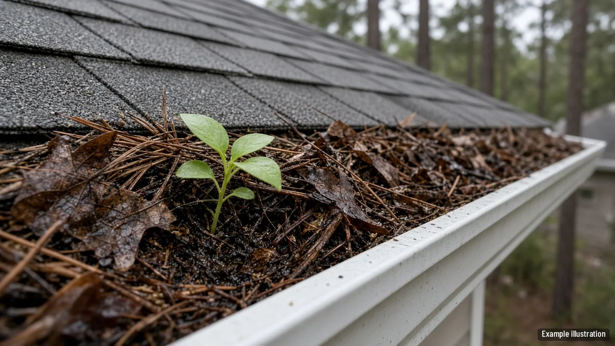 Pine needles, oak leaves and dark sludge packed inside a gutter at the edge of a shingle roof
