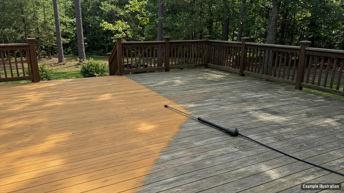 Half-cleaned wooden deck showing bright wood next to gray weathered boards