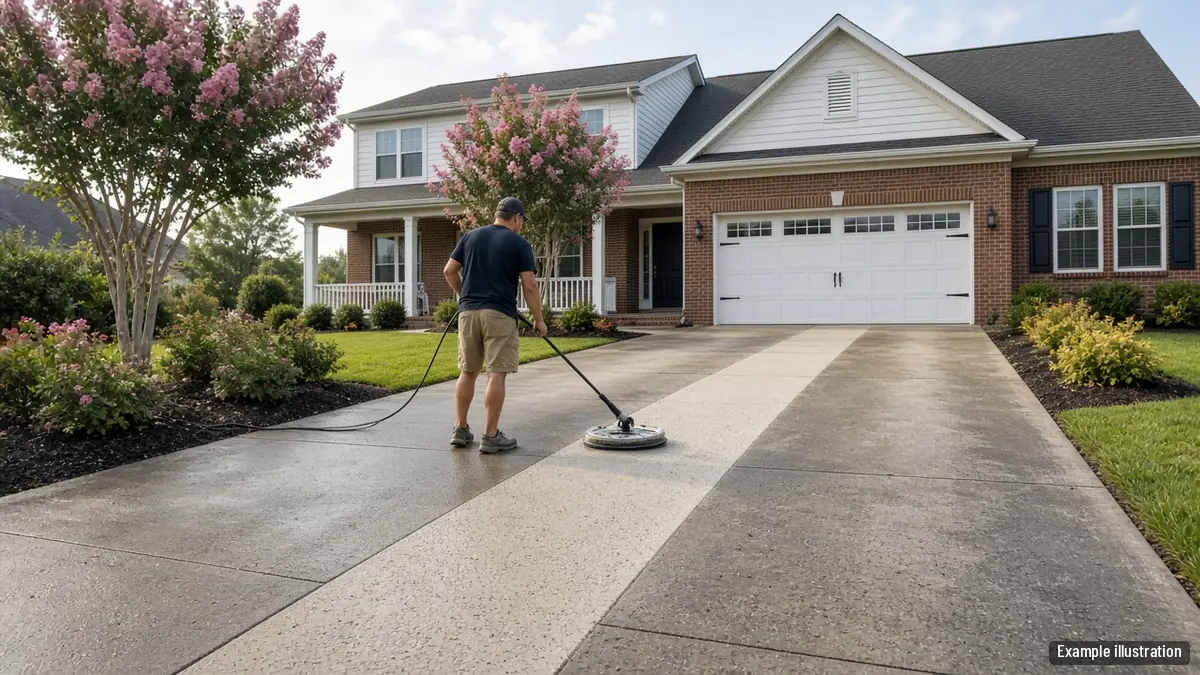 Contractor pressure washing a concrete driveway in front of a two-story brick and siding home