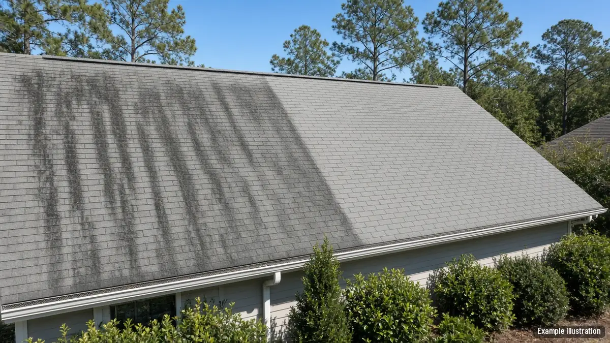 Asphalt shingle roof with black algae streaks on one side and clean shingles on the other
