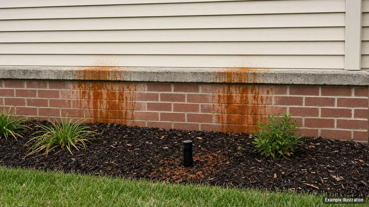Orange rust streaks on the lower siding of a home where a sprinkler hits the wall