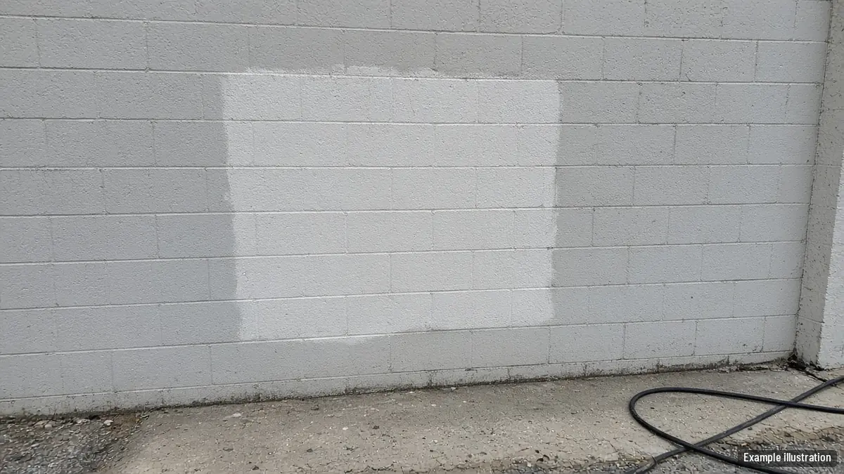 Painted block wall behind a building with a faint cleaned area where spray paint was removed