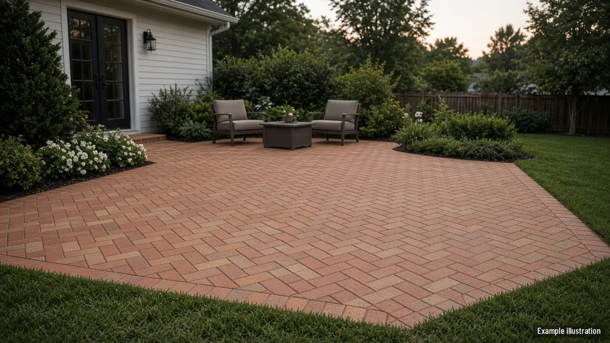 Freshly sealed brick-red paver patio with tight sanded joints beside a lawn
