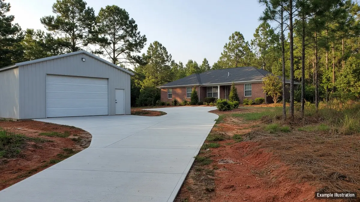 Clean metal outbuilding and long concrete drive on a wooded rural property