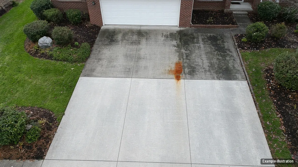 Long concrete driveway with a clean half and a dark mildewed half