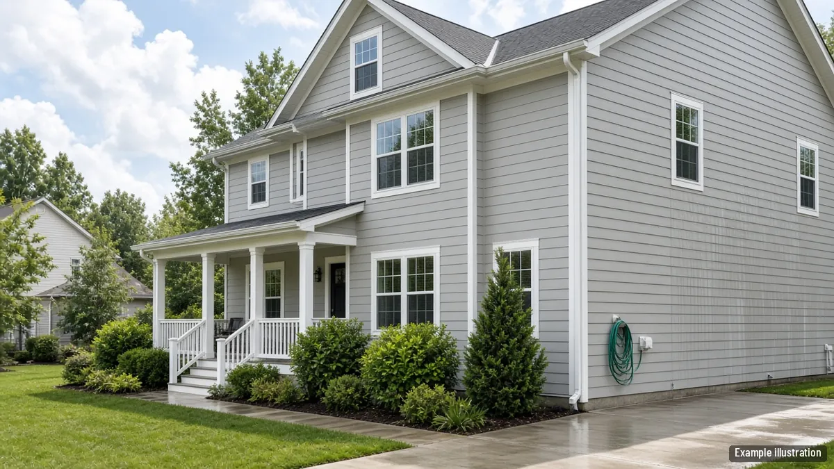 Two-story home with clean gray vinyl siding drying in the sun after a soft wash