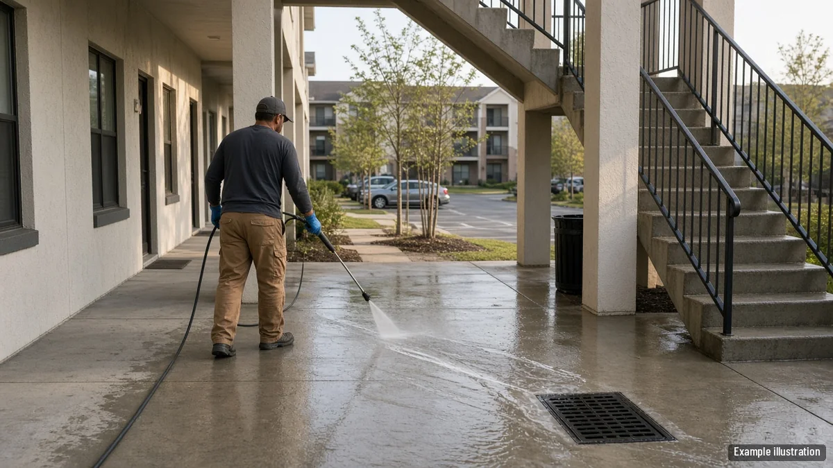 Contractor cleaning the breezeway and stairs of a two-story apartment building