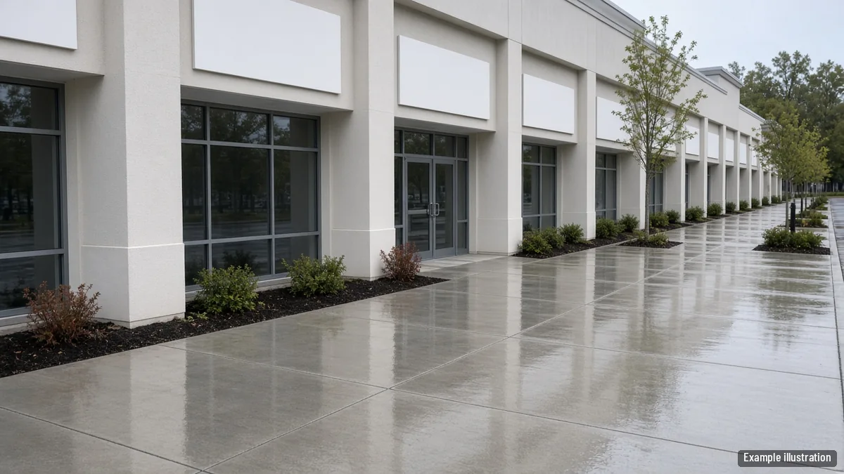 Clean storefront walkway and building front at an unbranded strip center early in the morning
