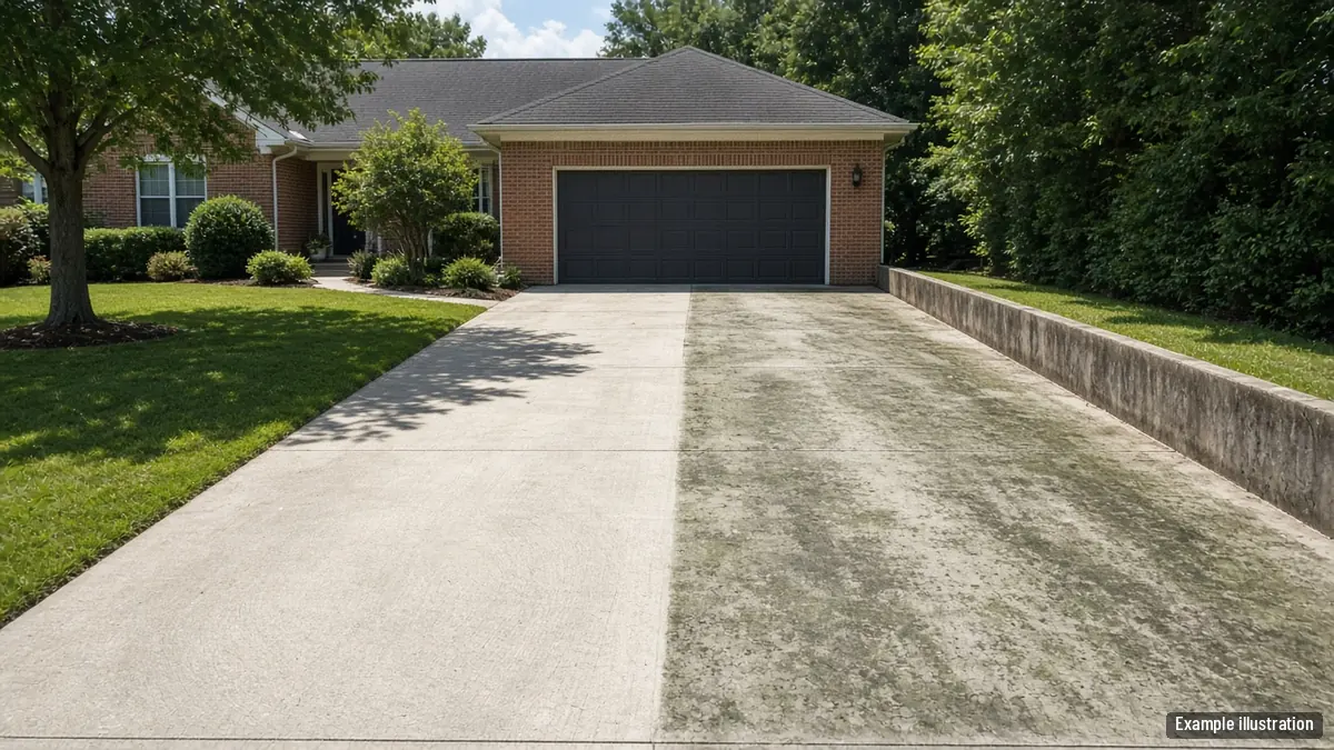 Half-cleaned concrete driveway showing a bright clean section next to a darker dirty section