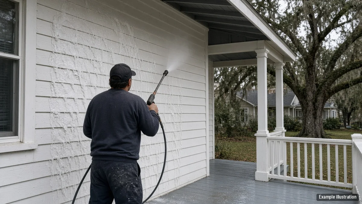 Soft washing an older painted wood-sided bungalow with a low-pressure spray