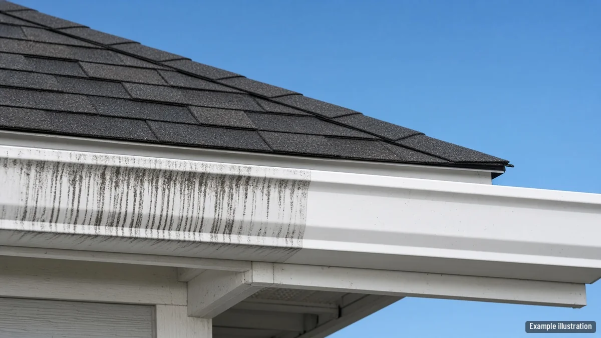 White gutter face with dark tiger stripes on one half and bright clean aluminum on the other