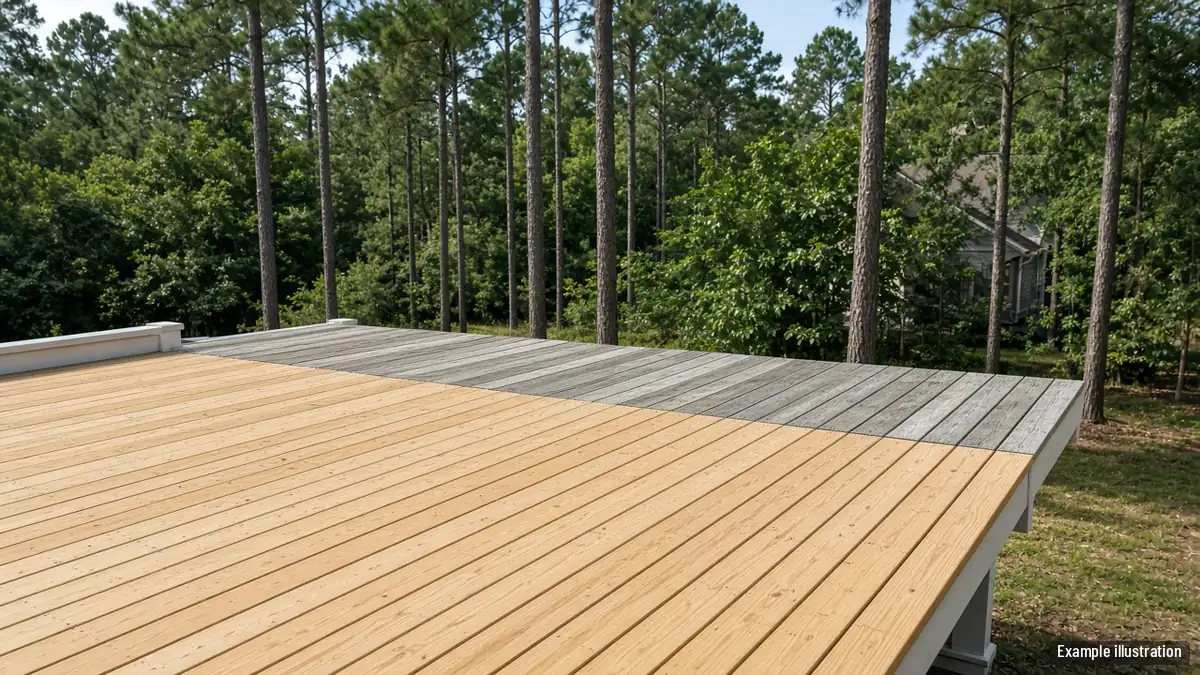 Backyard wood deck with cleaned, brightened boards next to a section still gray